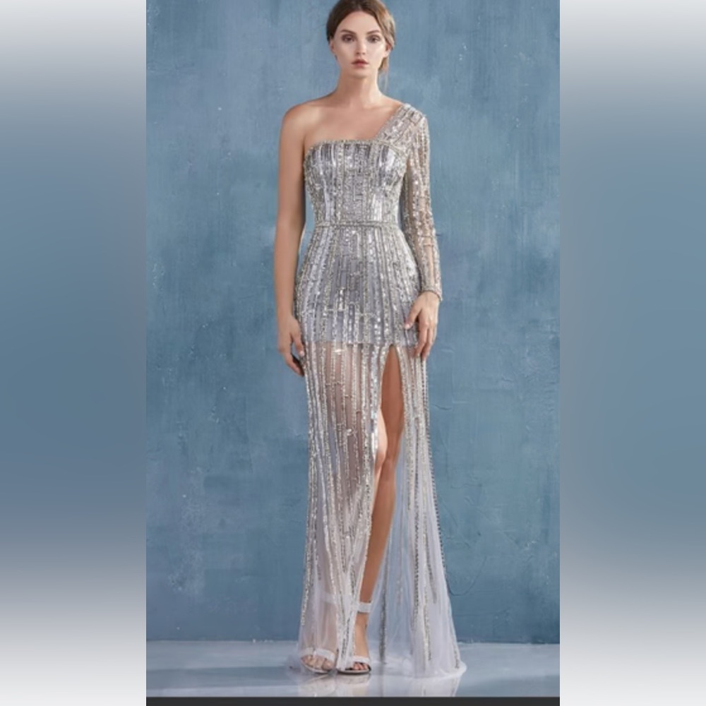 Andrea and Leo Couture modern one sleeve beaded gown